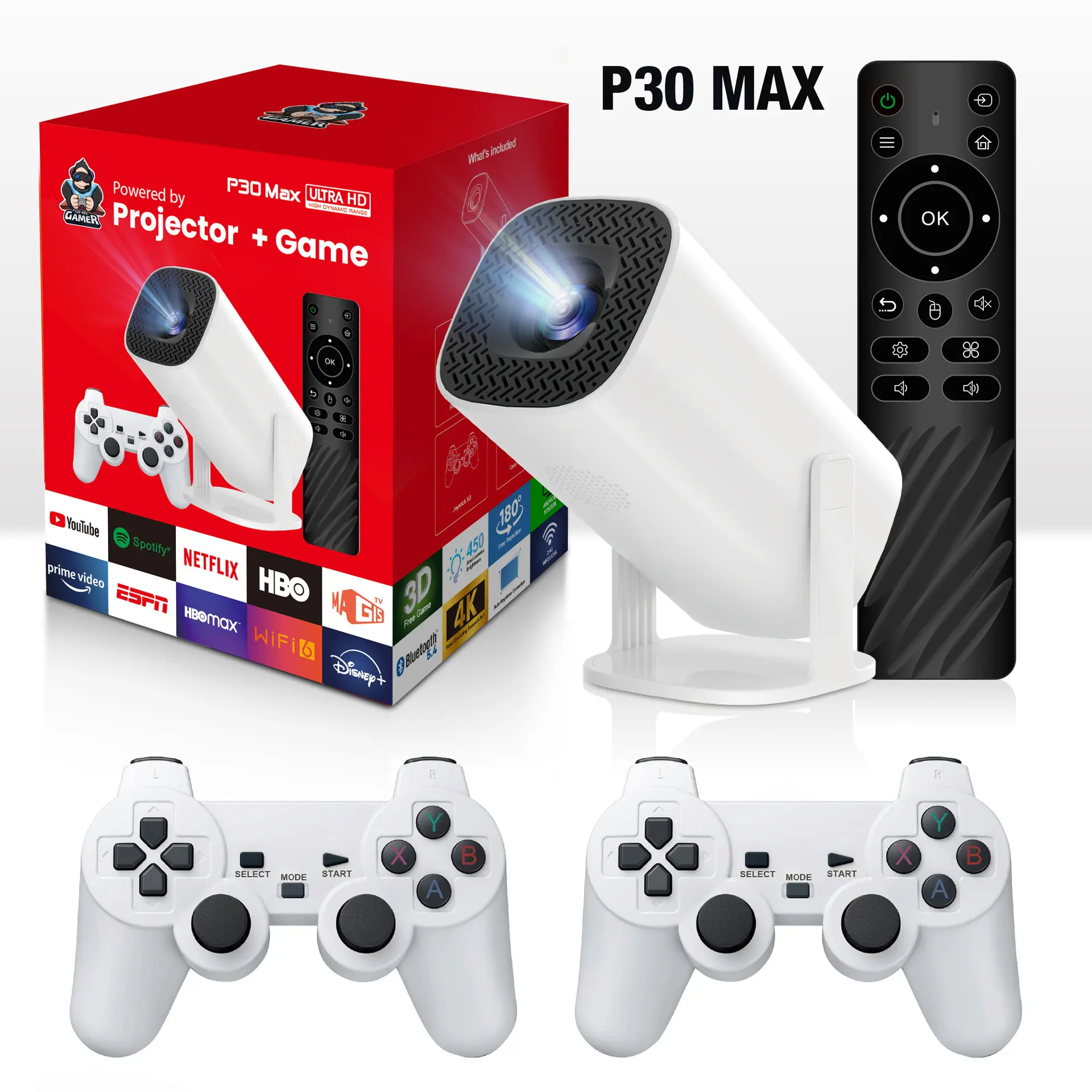 Proyector de juegos P30 MAX 4K, WiFi6, Bluetooth 5.2, 180° giratorio, 2 controles inalámbricos, más de 10,000 juegos clásicos