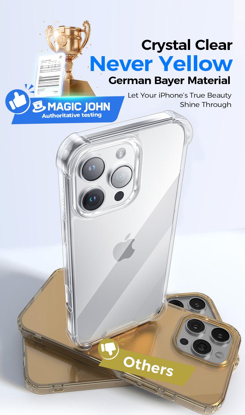 MAGIC JOHN Clear Phone Case for iPhone16/15/14/13/Pro Max, Non-Yellowing, Shockproof, Scratch Resistant Hard Back Phone Cover