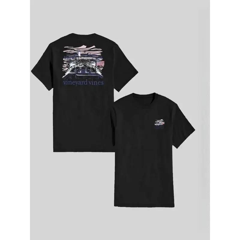 Men's Lighthouse & Vineyard Print Tee, Regular Fit Casual Short Sleeve Round Neck T-shirt for Summer, Men's Top for Daily Wear, Tropical