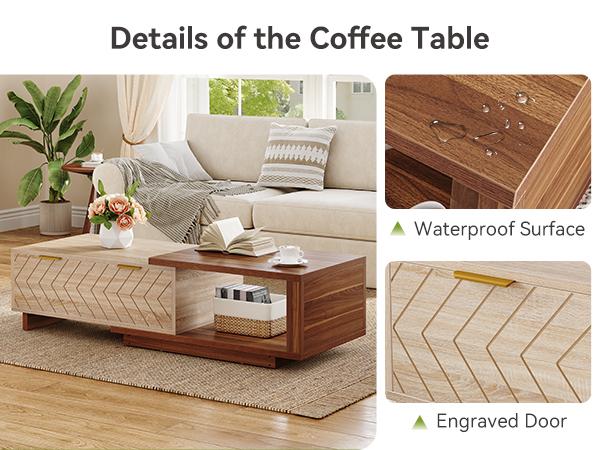 Tribesigns Extendable Coffee Table, 42"-65" Length Adjustable Reversible Wood Coffee Table with 2 Storage Drawers for Living Room, Large Long Rectangular Dual-Tone Center Table, Walnut & Oak