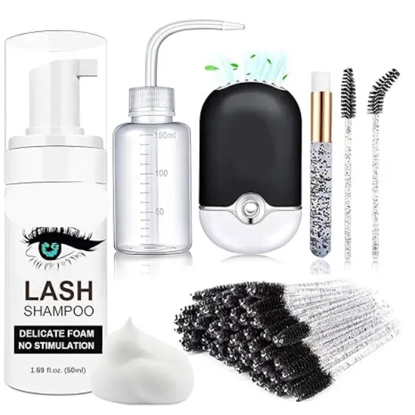 Lash Shampoo for Lash Extensions Kit, Oil-Free Eyelash Extension Cleanser with 50ml Lash Foam Cleanser, Lash Fan, 50 Lash Brushes & Rinse Bottle, Sulfate-Free Eyelash Wash Remover, Black
