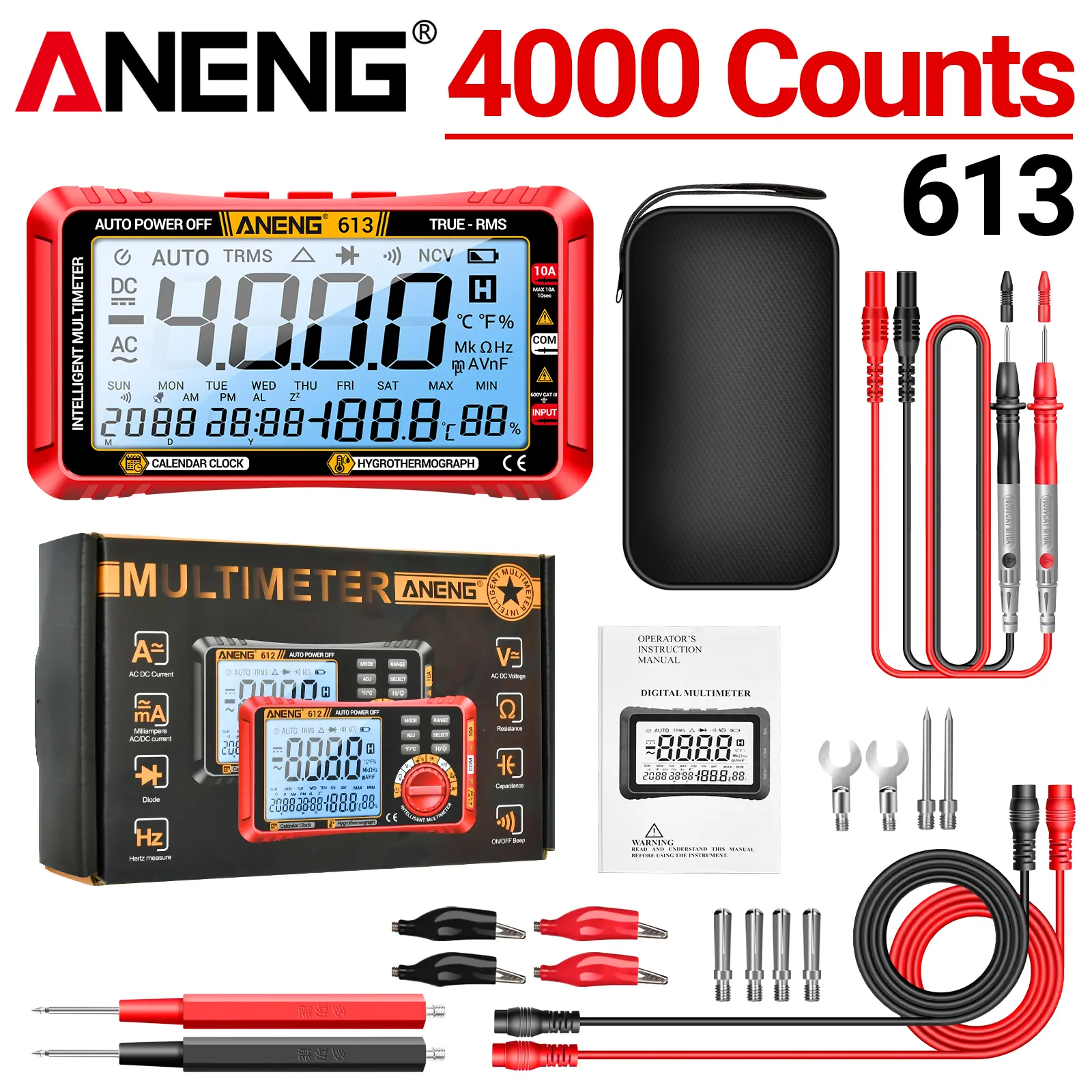 ANENG 613 3-in-1 Smart Touchscreen True RMS Multimeter - 4000 counts, backlit display, foldable stand, voltage check tool, comprehensive measurement functions, test tools for electricians, home DIY Multimeter Tester Volt Meters And Multimeters