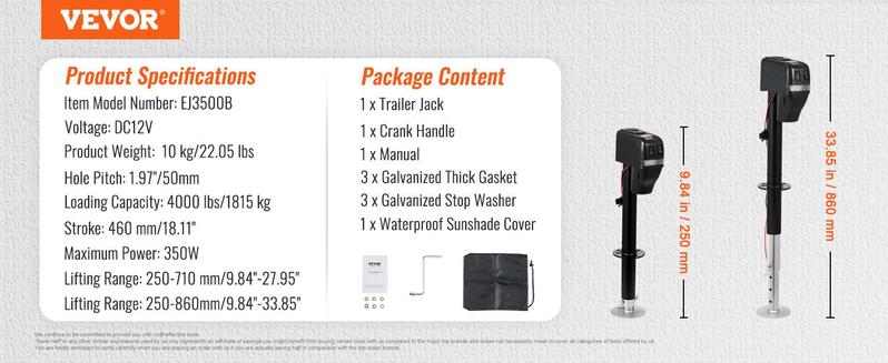 VEVOR Electric Trailer Jack, TikTokShopBlackFriday, Power Tongue Jack Weight Capacity 4000 lbs, 9.84"-33.85" Electric Tongue Jack with Waterproof Cover for Lifting RV Trailer, Horse Trailer, Utility Trailer, Yacht Trailer