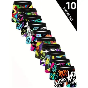 10pcs Men'S Boxer Briefs, Long Length, Trendy Graffiti Print, Stretchy Elastane Fabric