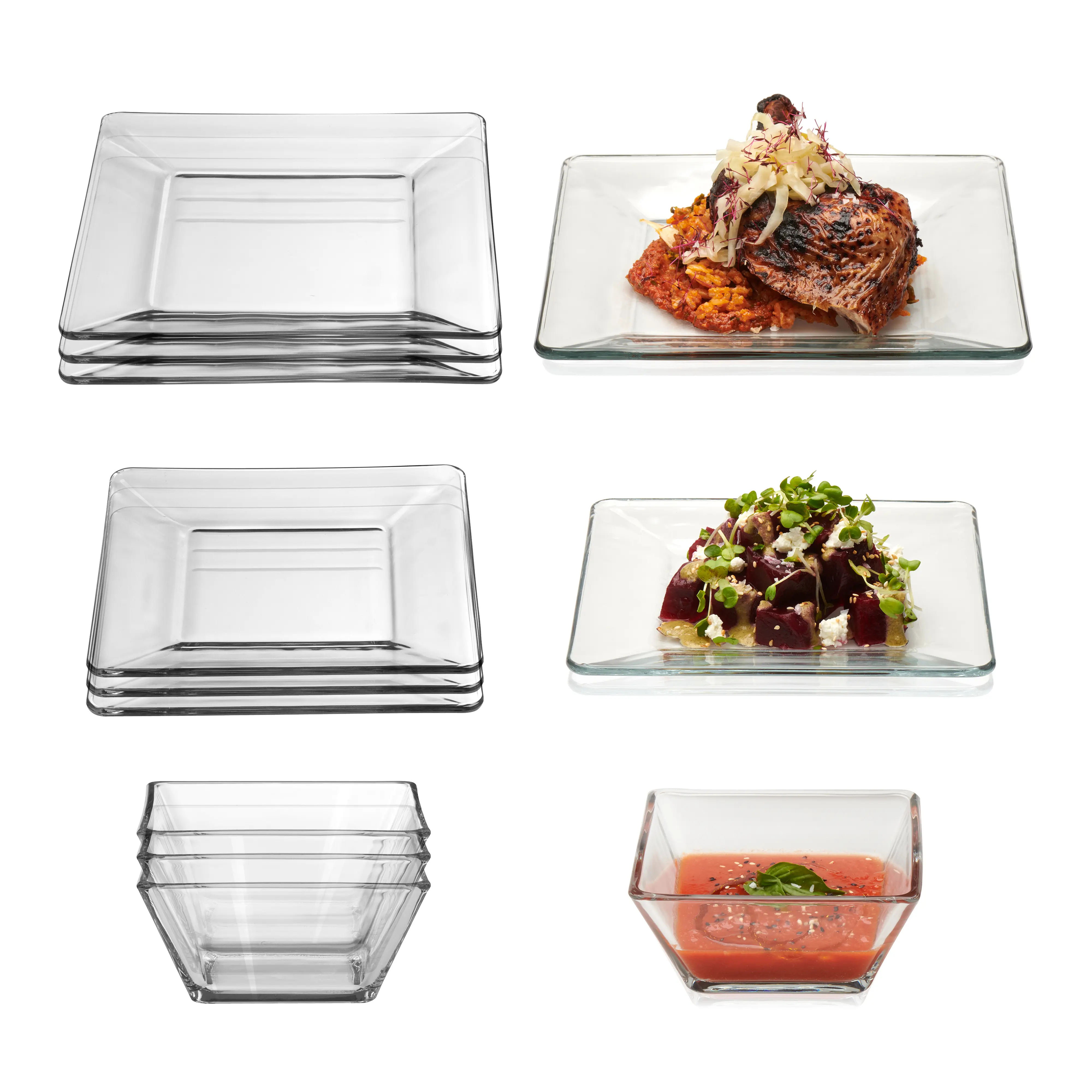 Libbey Tempo Glass Dinnerware Set, Sleek Square Clear Glass Plates and Bowls Set of 12, Dishwasher Safe Dinnerware for Parties or Everyday Use