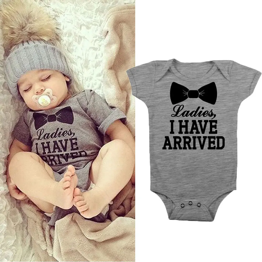Ma&Baby Ladies I Have Arrived Newborn Baby Boys Long Sleeve Romper Bodysuit Casual Short Sleeve Bowtie and Letter Print Gentleman Jumpsuit Bodysuit