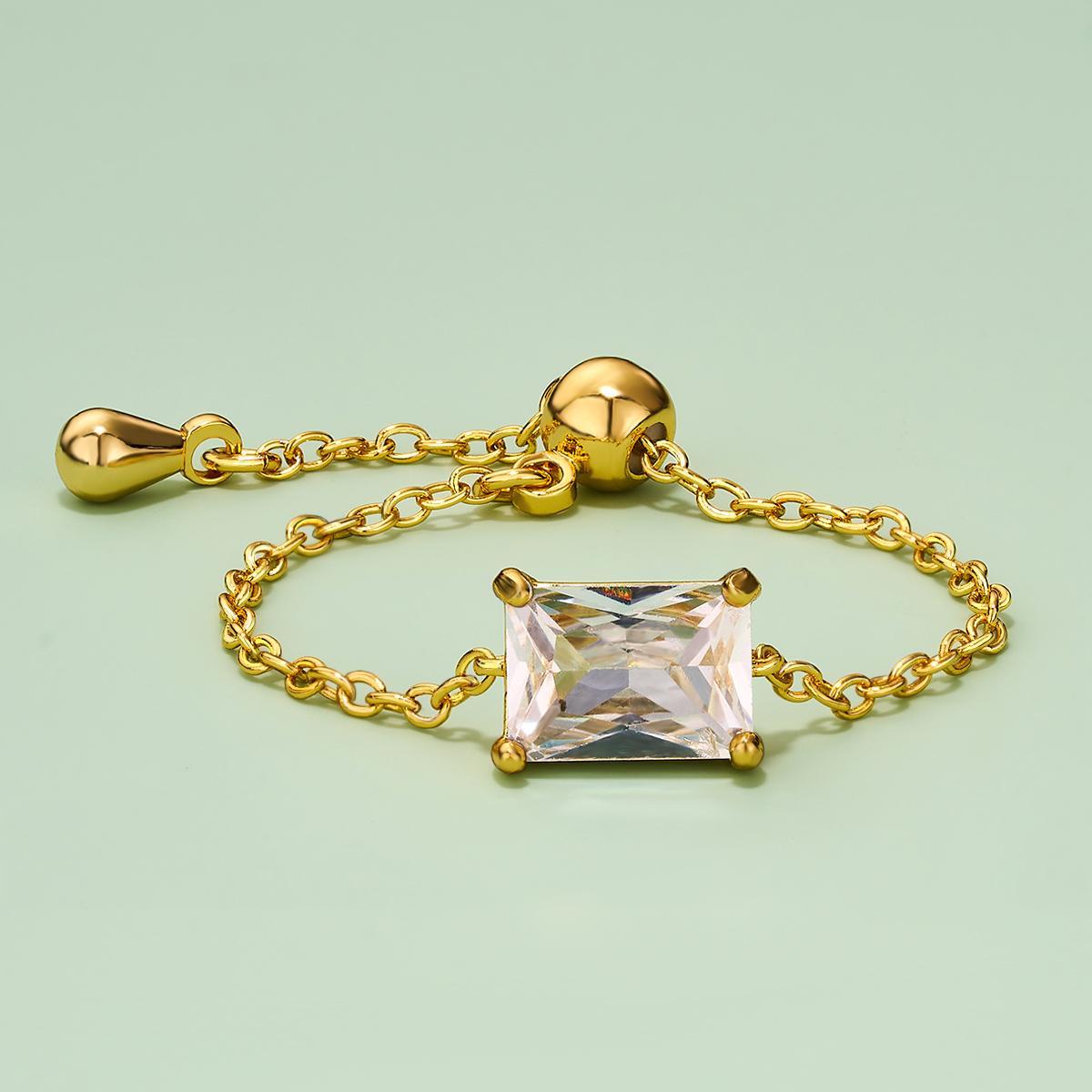 Oufer 14K Gold Plating CZ US Ring Size 3-13 Adjustable Oval  Chain Ring For Women Gift Real Gold Plating