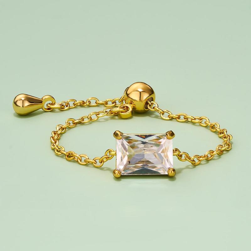 Oufer 14K Gold Plating CZ US Ring Size 3-13 Adjustable Oval  Chain Ring For Women Gift Real Gold Plating