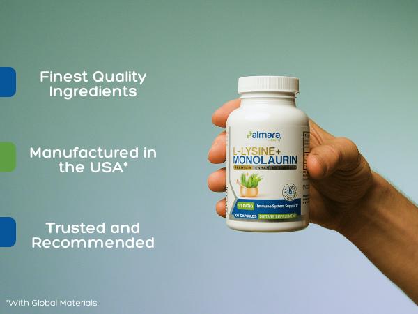 L-Lysine + Monolaurin 600mg – Immune and Digestive Support 1:1 Ratio, 100 Capsules | Palmara Health