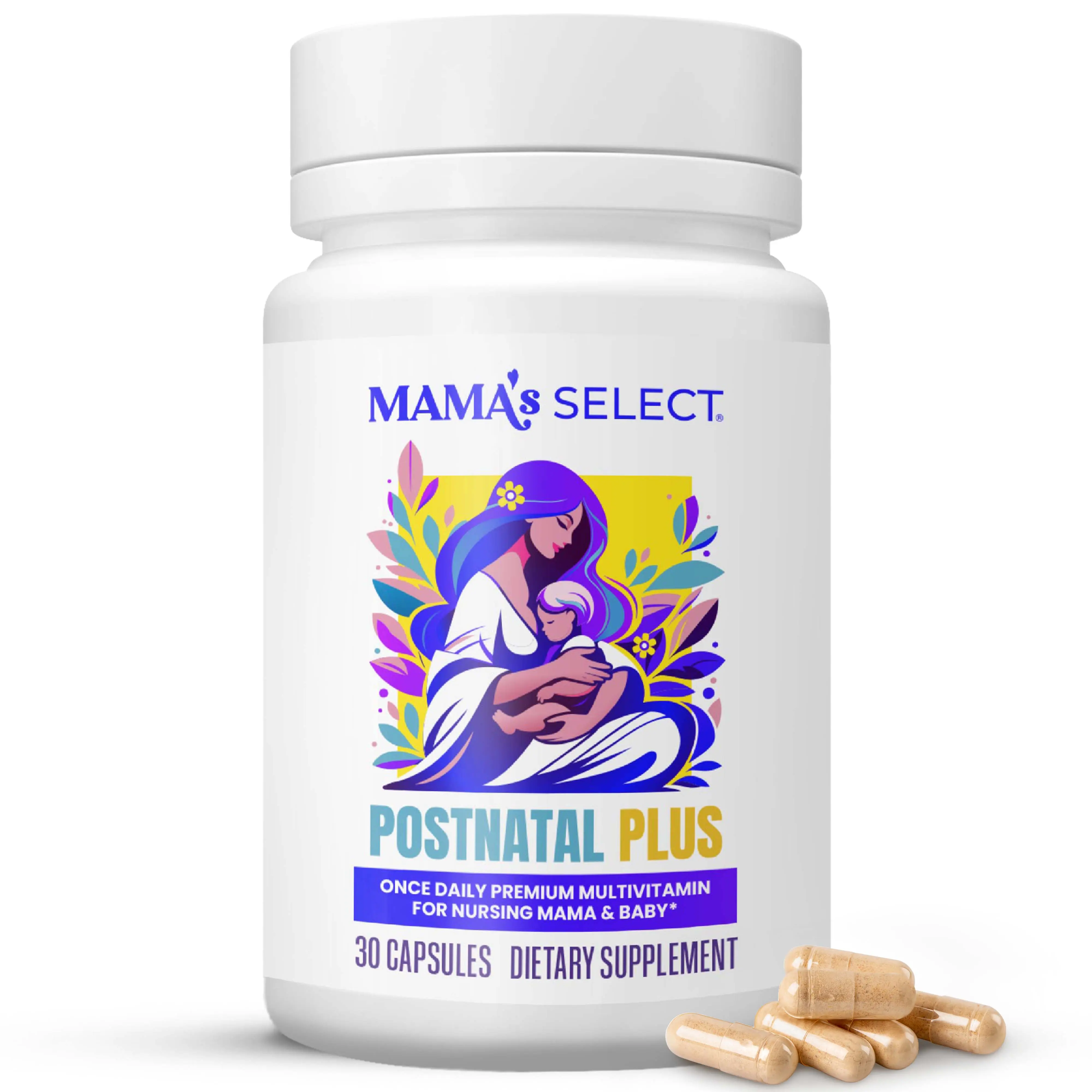 Mama's Select Postnatal Plus Vegan Multivitamin for Breastfeeding Moms - Methylated B Vitamins, Allergen-Free, Rice-Based, Biotin-Free, 30 Capsules - Supports Nutrient Restoration, Energy Support, Healthy Hair Growth, Boosts Milk Supply