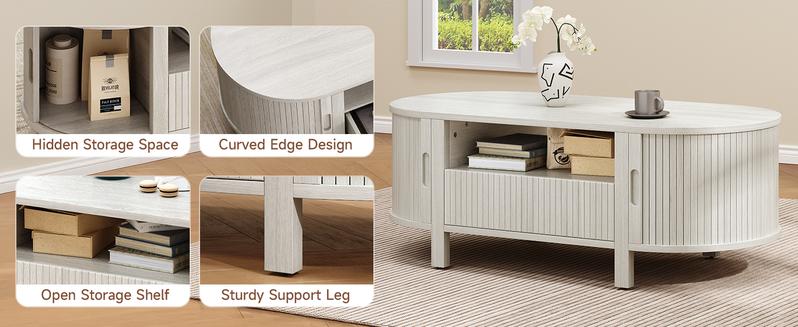 【Valentine's Day Gift】ONBRILL 47.2'' Oval Coffee Table With Storage, Fluted Accent Center Table With Draw And Sliding Tambour Doors