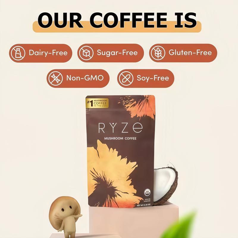 RYZE SUPERFOODS Mushroom Medium Roast Coffee USDA Organic with 6 Adaptogenic Mushrooms, USA Grown Instant Coffee for Better Energy, Focus Digestion Immunity with Lions Mane & Turkey Tail 30 Servings