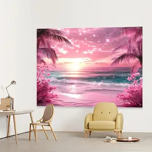 One tropical beach sunset tapestry - Large wall decoration (pink palm tree coastal scenery background, suitable for parties, weddings, home decoration. Easy to hang and install - Durable polyester fabric material, beach-themed decoration, bright colors)
