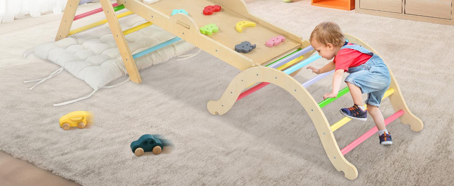 JOYMOR 9-in-1 Pikler Triangle Set with Cushion (Large), Montessori Wooden Climbing Set for Toddlers with Colorful-Patterns Rocks, Seesaw, Arch, Foldable Ladder, Ramp, Toddler Climbing Toys Indoor