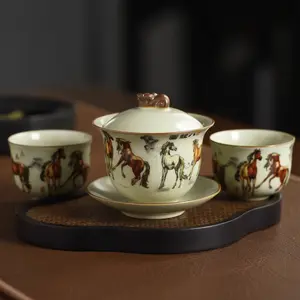 Exquisite Year of the Horse Large Covered Bowl with Small Teapot Single-Pot Premium Tea Brewing Set Home Ceramic Tea Pot, Cups and Tea Set