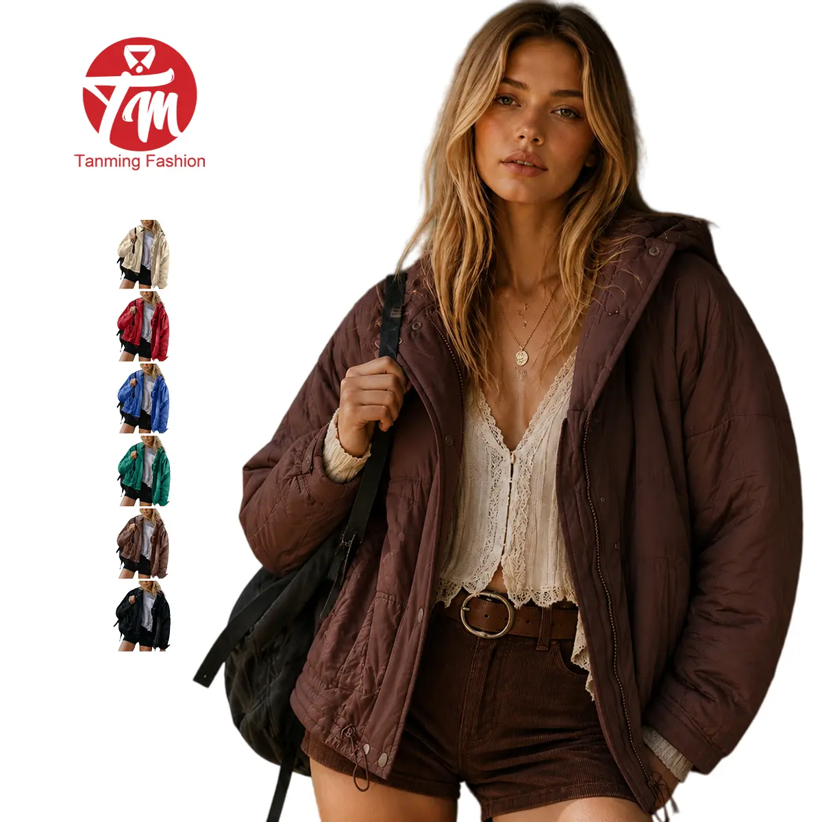 Tanming Women's Oversized Quilted Lightweight Jacket - Drop Shoulder, Plain, Attached Hood, Long Sleeve, Baggy, Adjustable, Basic Casual Winter Coat with Pockets for Layering Outfits, Thanksgiving Tops