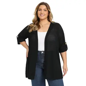 GRACE & GRANDEUR Plus Size Cardigans for Women Hollow Out 3/4 Sleeve Side Slits Long Open Front Knit Lightweight Cover Up