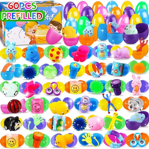 60PCS Prefilled Easter Eggs with Toys Inside, Easter Basket Eggs Filled Stuffers, Easters Theme Party Favors Fidget Hunting Assortment Toys, Treasure Box Party Supplies
