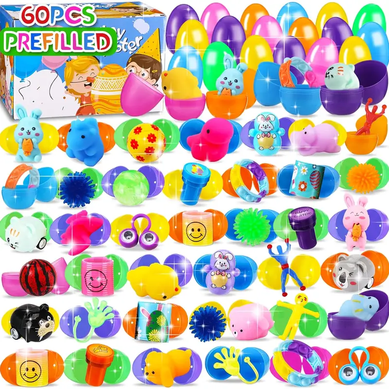 60PCS Prefilled Easter Eggs with Toys Inside, Easter Basket Eggs Filled Stuffers, Easters Theme Party Favors Fidget Hunting Assortment Toys, Treasure Box Party Supplies