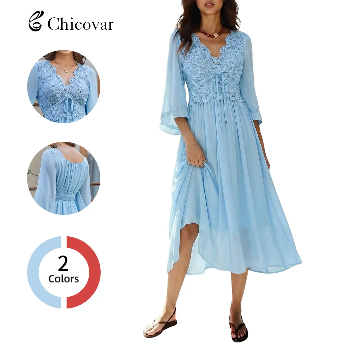 Chicovar Women's Summer Casual Midi Dress, Lace V-Neck, 3/4 Sleeve, Elastic Waist, Fully Lined, Flowy Hem, Slimming Boho Dress for Vacation, Date, Wedding Guest, Party, Daily Wear