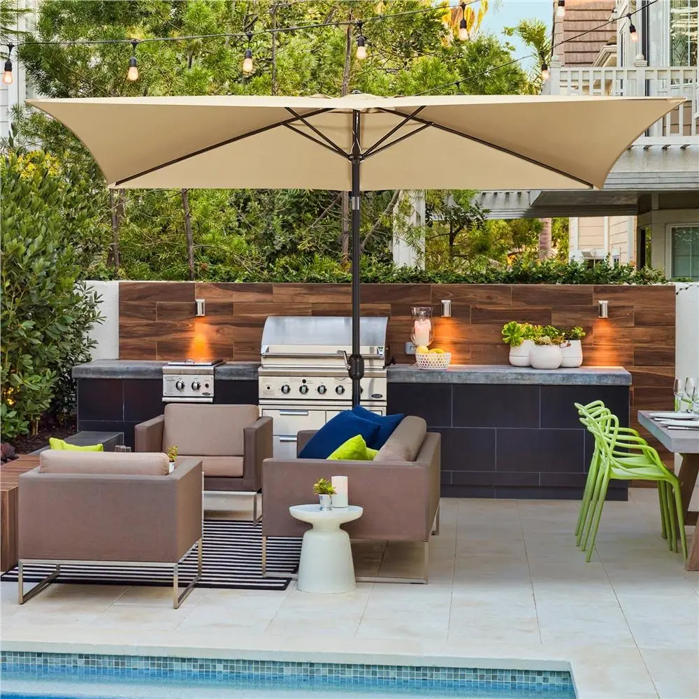 Costoffs Aluminum Retractable Outdoor Sunshade Umbrella - 6.5x10ft Rectangular Canopy, Crank Lift, UV Protection, Waterproof, Iron Accents, Garden Use, Sun-Chasing Tilt Power, Shades 4-6 Seat Table/Pool Loungers, Assembly Required