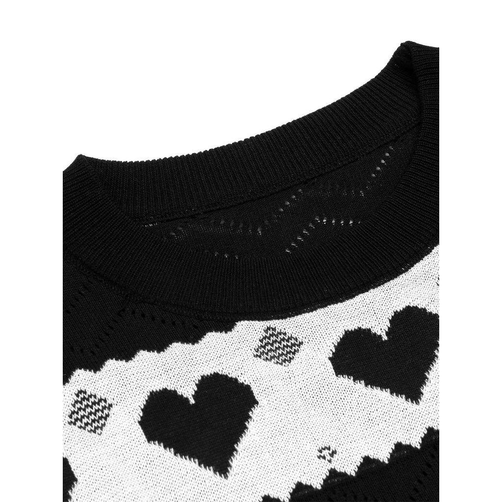 BLACK 1960S CONTRASTING HEART KNITTING DRESS Casual Chic Outfit Casual Boho Elegant Round Neck Womenswear