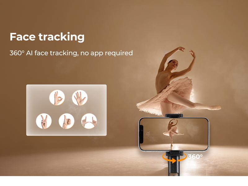 K&F CONCEPT Up to 71" Face Tracking Tripod Selfie Stick| 360° Rotation + Bluetooth Remote + Stand| 2 Fill Lights (Optional)| Black/White Textured (White Same as Black), for Travel/Live Streaming/Vloggers