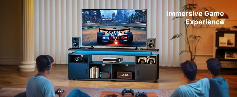 SUNCOZE TV Stand, Entertainment Center with LED Lights and Cabinet for 70/75/80 Inch TV, Modern TV Console Gaming Media Television Stands with Power Outlets for PS5 in Living Room and Bedroom