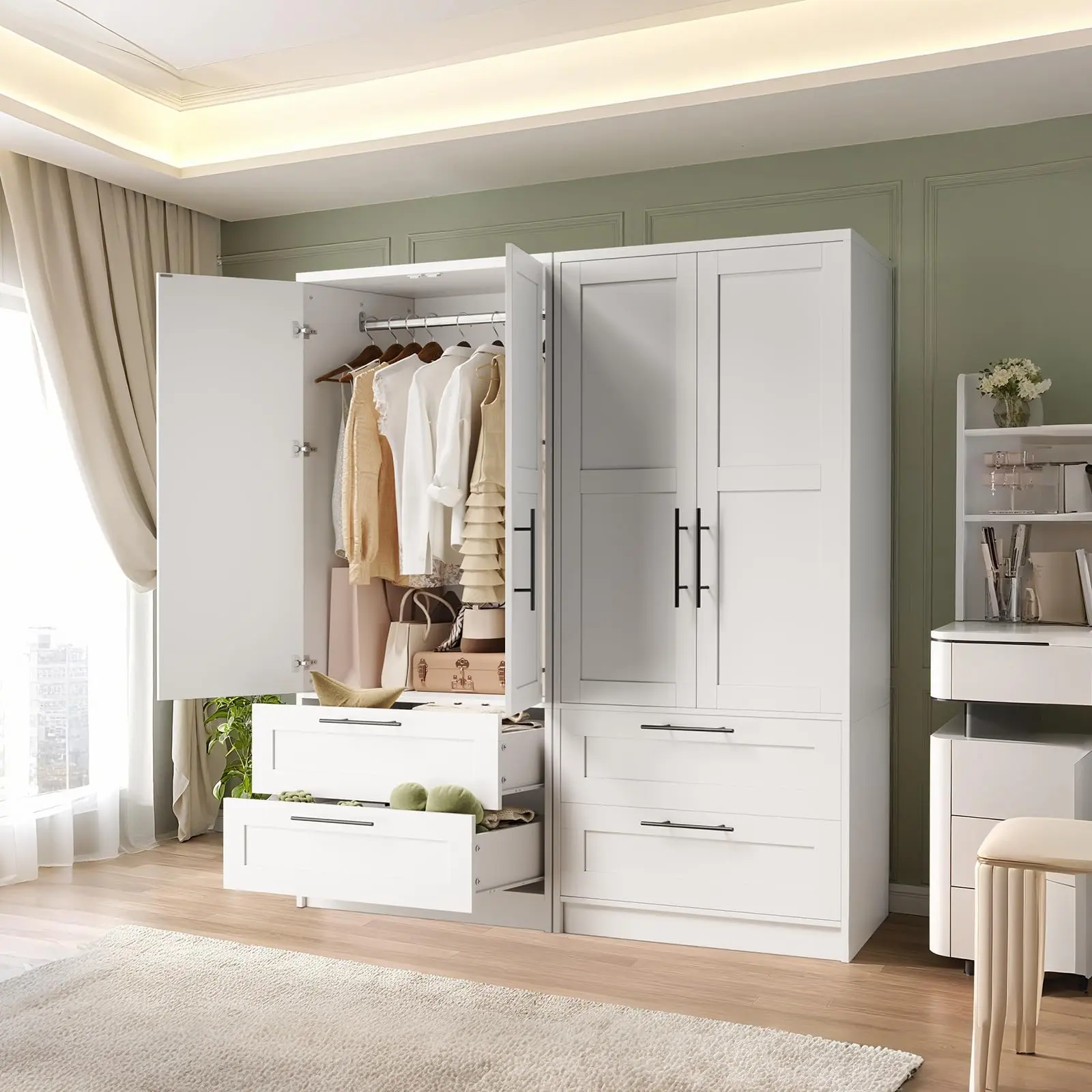 Garvee Wooden Armoire Wardrobe Closet with 2 Drawers, Freestanding Wardrobe Clothing Storage Cabinet with Door and Shelves, Wood Clothing Storage Cabinets for Bedroom, Laundry Room, Cloak Room, White