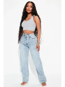 Crossover Straight Leg Jeans - Light Blue Wash Non-Stretch Denim 5 Pocket High Rise Plus Sizes Available
