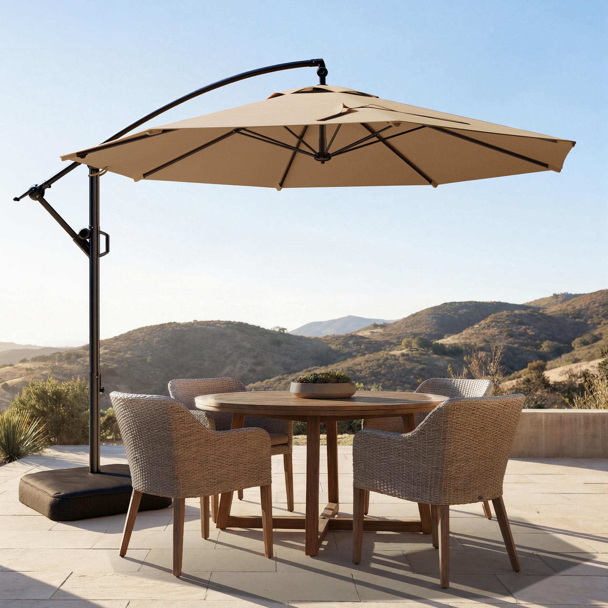 【Spring Sale】10ft Solar Outdoor Patio Umbrella, UPF50+ UVOutdoor Table Umbrella, Yard Umbrella, Market Umbrella with 8 Sturdy Ribs, Push Button Tilt and Crank- with Base