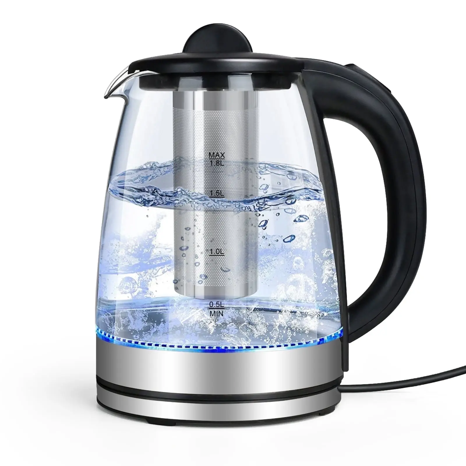 TINANA 2L Borosilicate Glass Electric Tea Kettle with Stainless Steel Removable Infuser, 1500W Boiling Water Pot, Auto Shut Off, Boil-Dry Protection