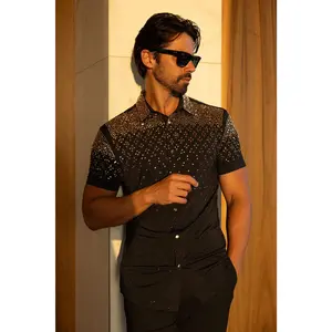 Trivon Rhinestone Short Sleeve Shirt Fabric Menswear Top Geometric Original Slim Fit