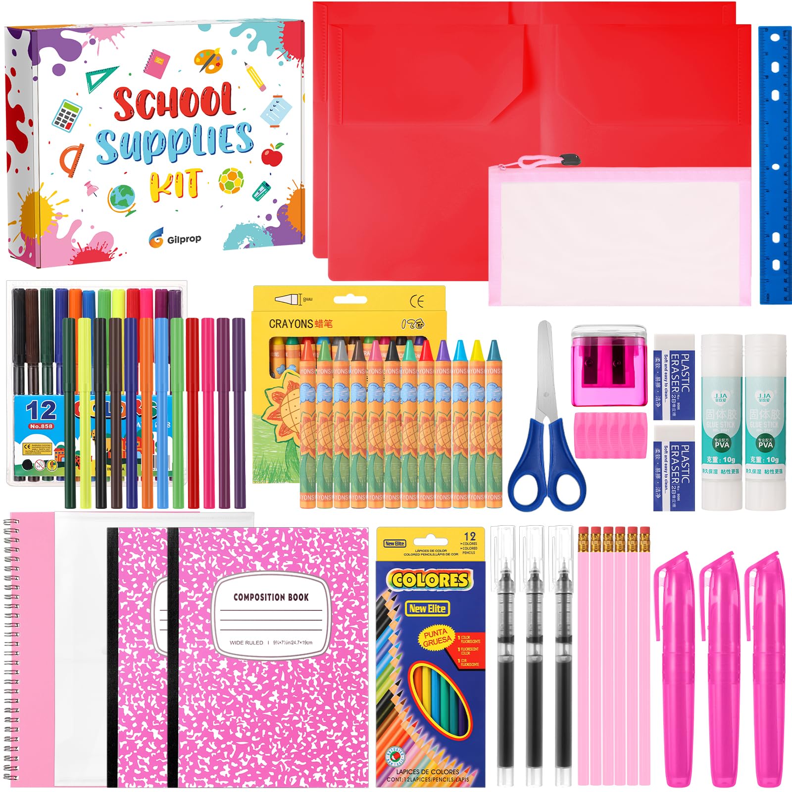 39 Pcs Back to School Supplies Kit, Include Pencils Scissors Ruler Eraser Crayon Sharpener Notebook Pencil Case Folder Notebook for Teachers & Kids - Supplies kit for Girls & Boys