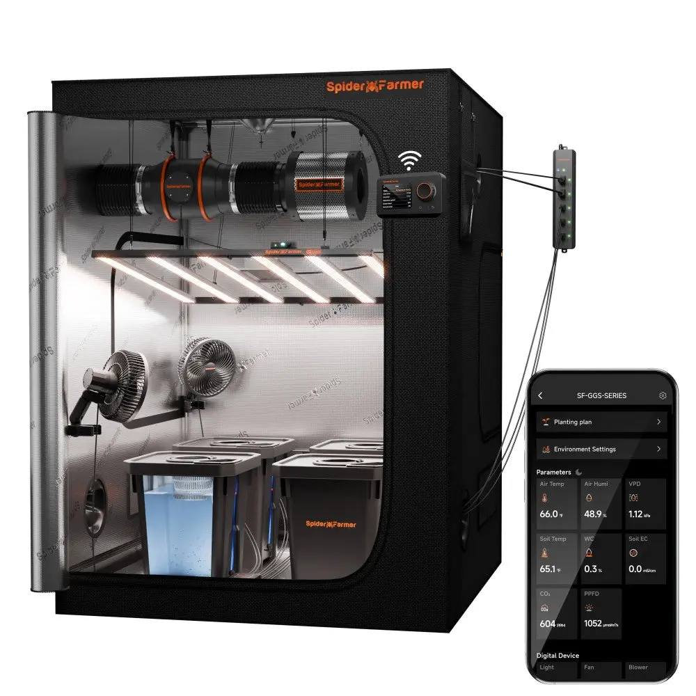 Spider Farmer Smart Hydroponic DWC 5x5 Grow Tent Kit | 4-Bucket System with G8600 800W LED, 6” Inline Fan, 2 Clip Fans, GGS Power Strip, WiFi-Integrated Controls