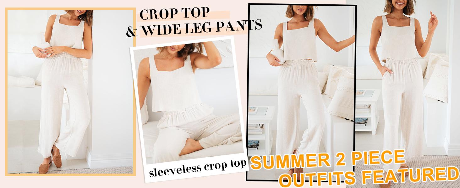 ANRABESS Women's 2 Piece Outfits Square Neck Linen Sleeveless Tank Crop Top Wide Leg Pants Matching Lounge Set Summer Tracksuit Casual Womenswear