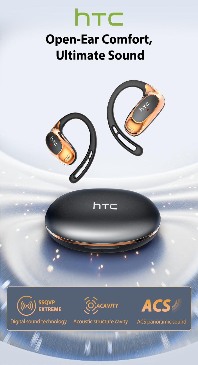 HTC NE35 New Open-Ear Headphones, True Wireless Bluetooth Earphones with Microphone, Earhook Earbuds with 48 Hours of Playtime, Fast Charging, IP55 Water-Resistant, Black