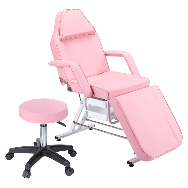 Adjustable Folding Steel & PU Tattoo Chair-Facial Bed with 2 Trays, Tool-Free Assembly, Hydraulic Stool for Professional Esthetician Massage, Lash Beauty Treatment Spa (Pink)