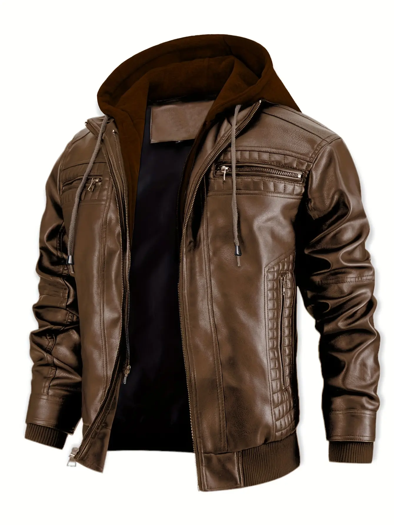 Men's PU Leather Hooded Biker Bomber Jacket - Menswear Long Sleeve Quilted Coat with Pockets, Casual Tops Attached Hoodie Outerwear, Coats