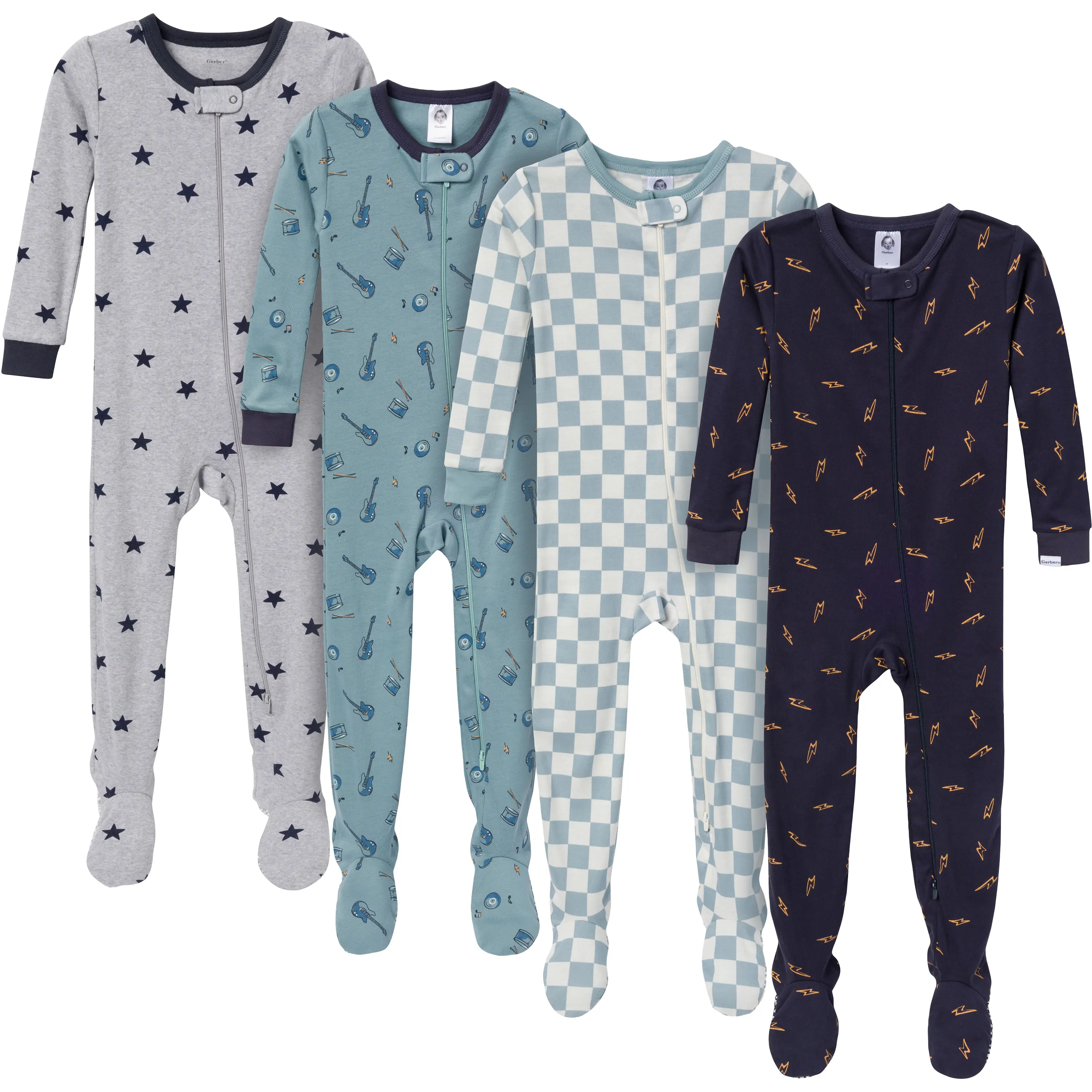Gerber Toddler Boys' Tight Snug Fit Long Sleeve Crew Neck Zip Footed Pajamas, 4-Pack, Music Guitars Sleepwear