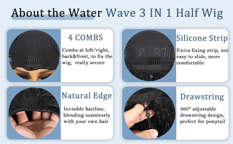 VOSILK Water Wave Half Wig 3 in 1 Drawstring Seamless Flip Over With Adjustable String Invisible Hairline Headband Wig Beginner Friendly Glueless Wig for Women