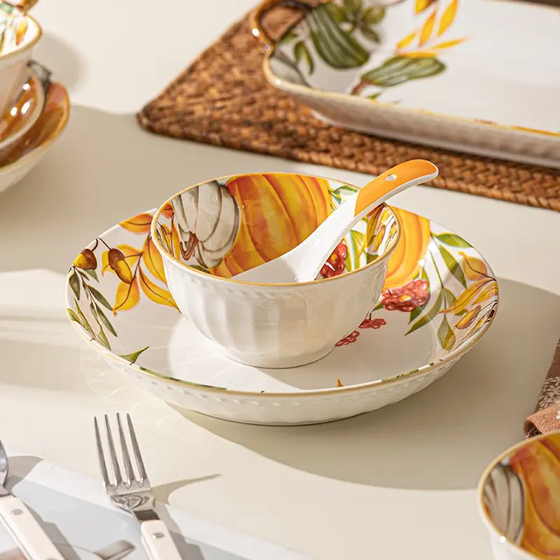 8-pcs ceramic tableware set, Dishware sets, orange color, pumpkin pattern, suitable for autumn, Thanksgiving, including bowls, spoons, plates, suitable for 2 people, can hold various foods, microwave and dishwasher safe