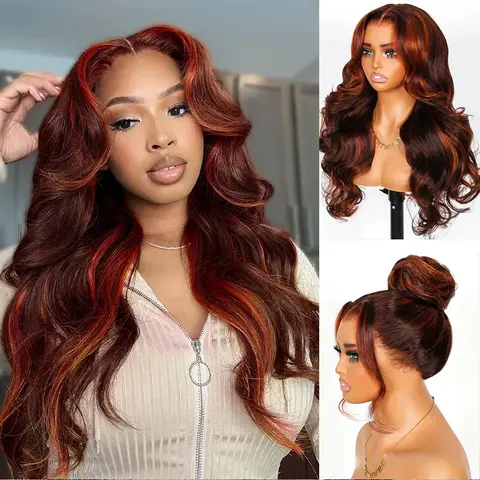 【Viral Hair Trend】Salon Layer Cut Ginger Highlights On Brown Hair 360 Lace Frontal Invisi Strap Skin Lace InvisiDrawstring Snug Fit Body Wave Human Hair Wig