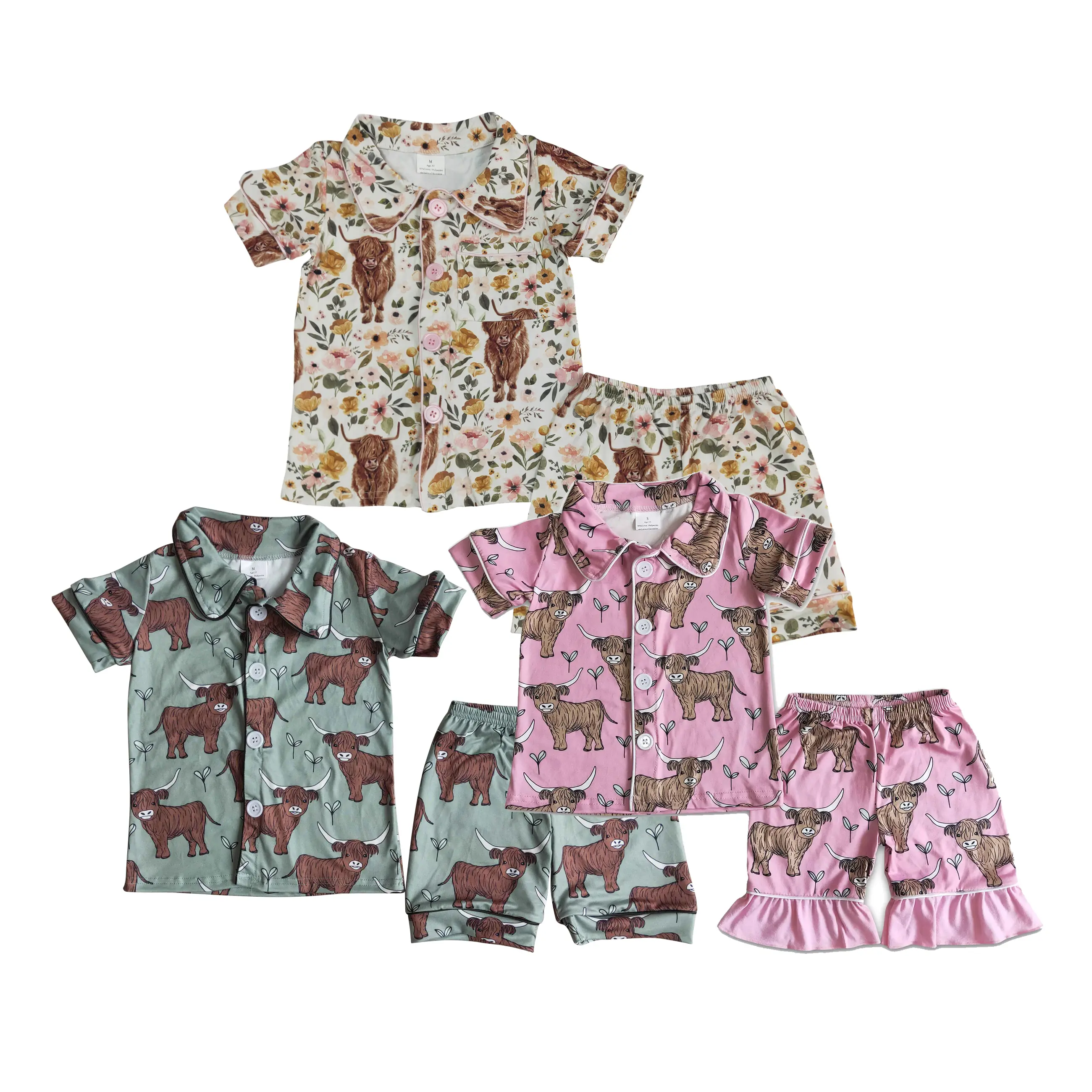 Girls' Western Pajama Set, Soft Floral Highland Cow Print Toddler Sleepwear, 2-Piece Outfit with Short Sleeve Top & Bell Bottoms, Infant Sleepwear, Toddler Pajamas