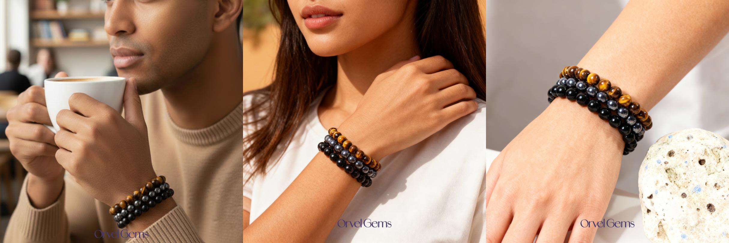 Triple Protection Bracelet Set – 8mm Tiger’s Eye, Obsidian, Amethyst, Apatite, Rose Quartz & Hematite | Unisex Healing Gift Crystal Jewelry Emotional Balance