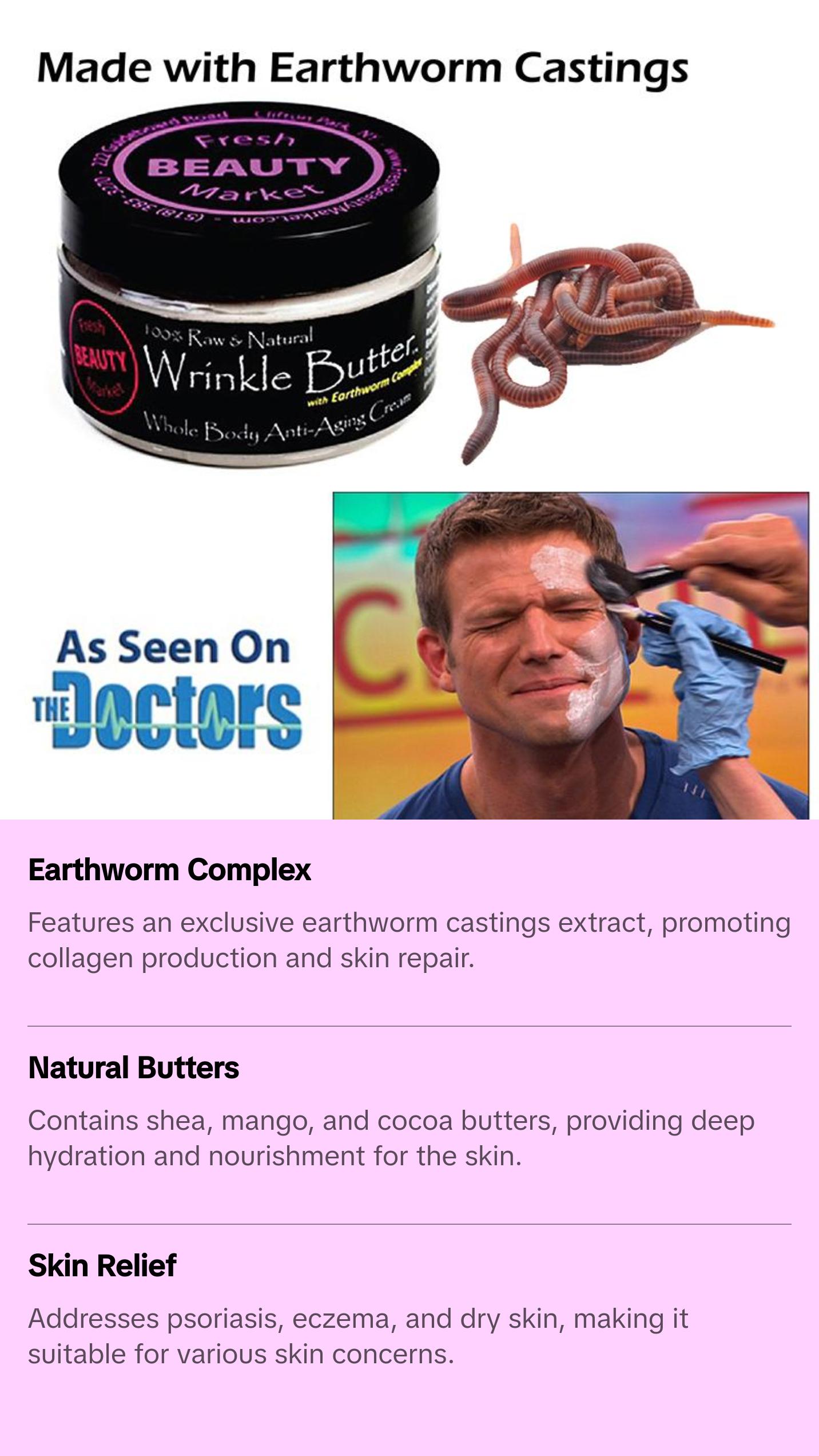 Earthworm Pooh Wrinkle Butter Anti-aging Cream for Wrinkles, Crows Feet, Damaged Skin - Moisturizing - Organic - Natural Skincare. Caffeine Moisturizer Hyaluronic