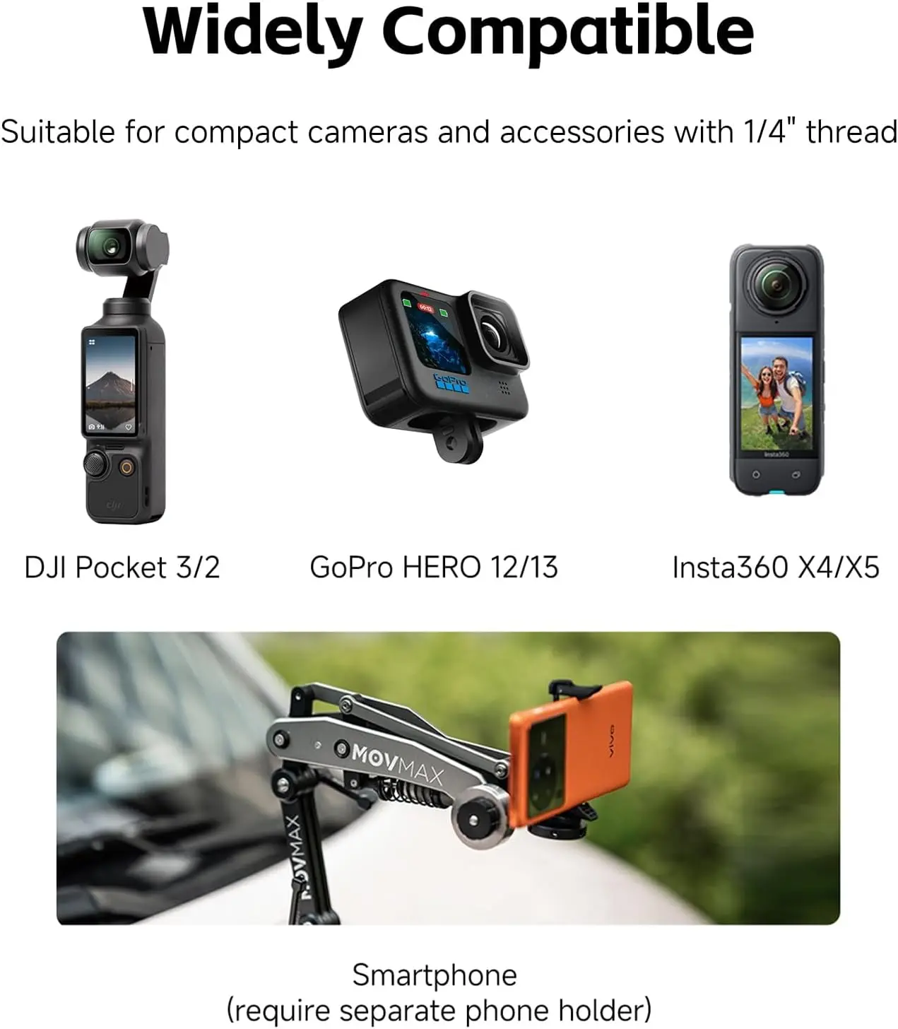 Movmax Blade Arm for DJI Pocket 3, Insta 360, and GoPro Hero 12 Cameras with N2 Arm Technology and Universal Locking Screw