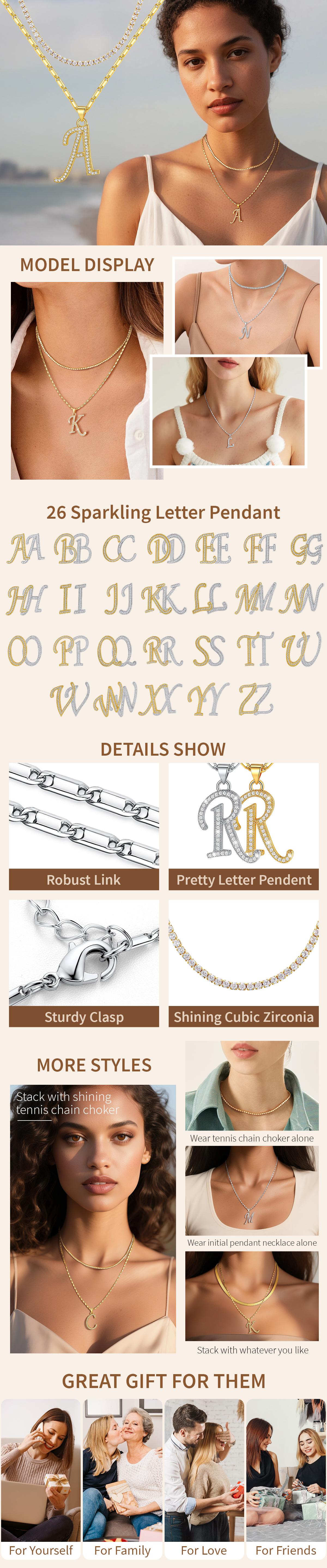 FindChic Initial Tennis Chain Choker Necklace Set Sparkling Classic Casual Daily Bling Cubic Zirconia Letter Necklace Stack Jewelry Set Gift for Women Girls