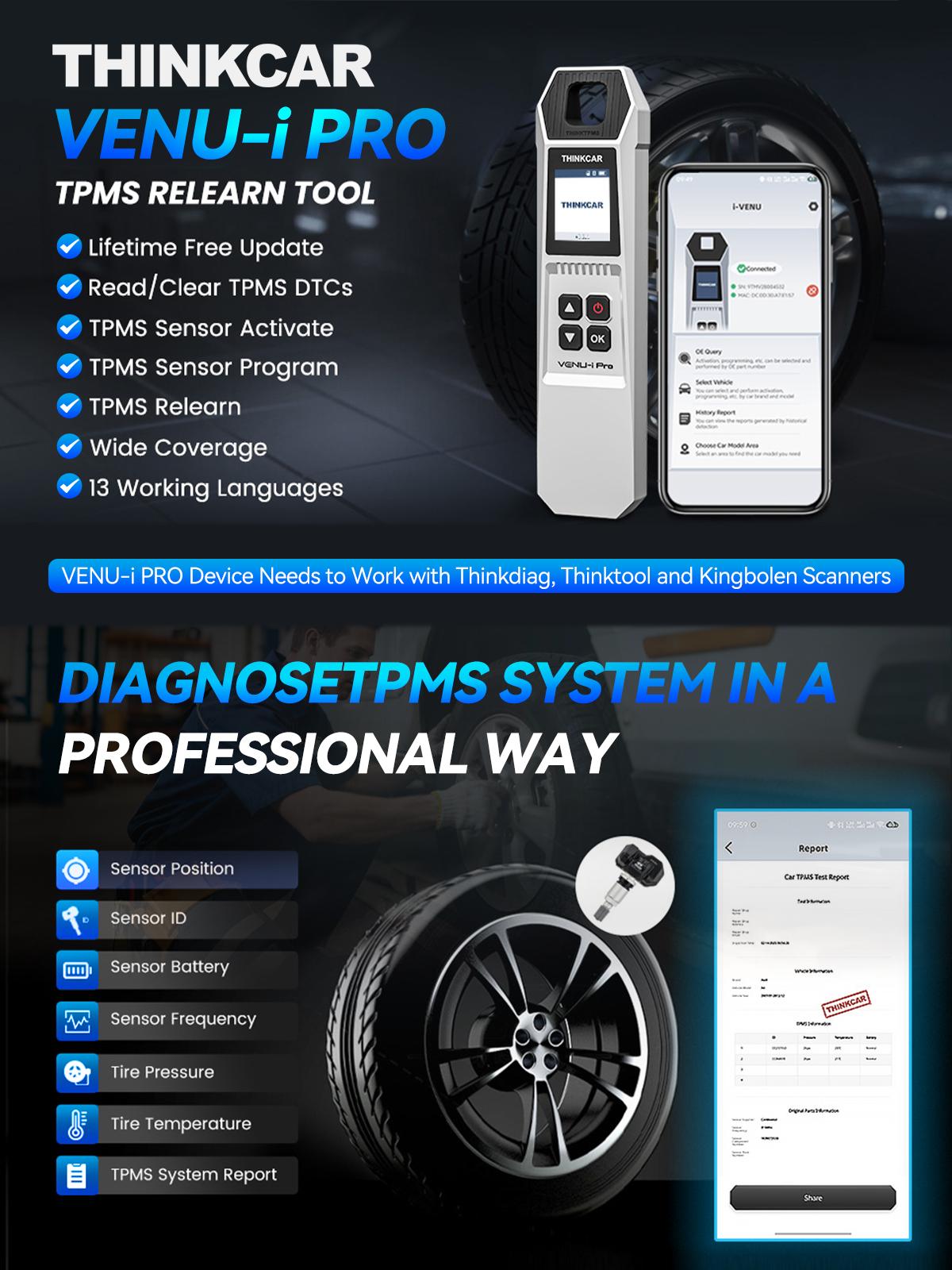 THINKCAR VENU-i Pro TPMS Programming Tool Tire Pressure Detector Diagnose/Activate/Relearn/Program Sensors, Work with THINKCAR Tablet Scanners OBD2 Scanner