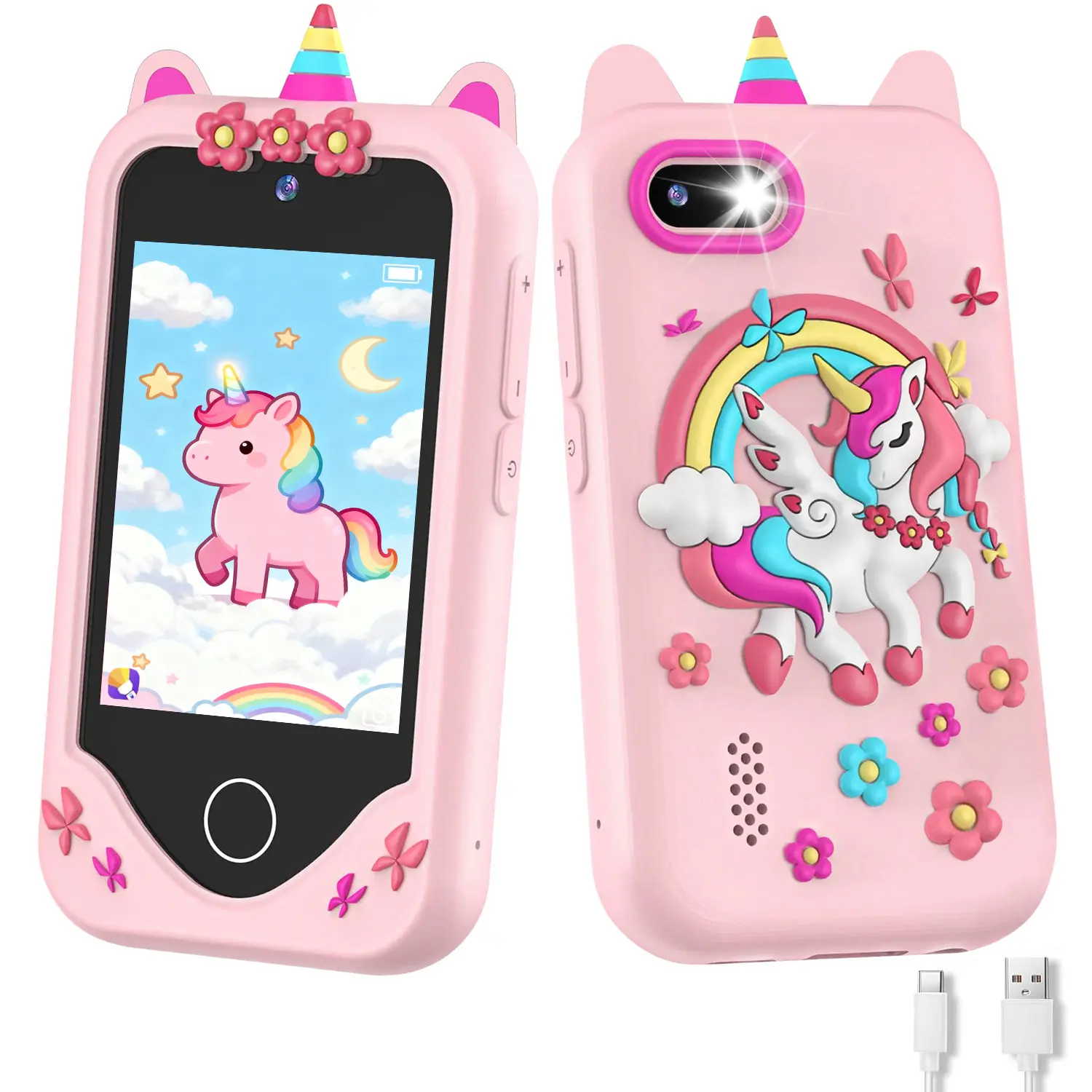 Kids' Digital Toy Phone with Built-in Batteries, 64GB Memory Card, Card Reader, 44 Games, Photo-Video Recording, E-book Reading, Drawing - Cell-Compatible Birthday Gift for Kids